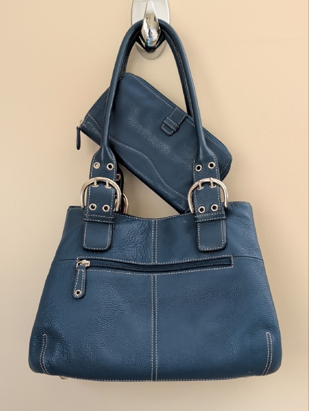 Tignanello Perfect 10 Blue Pebbled Leather Shoulder Bag with Wallet